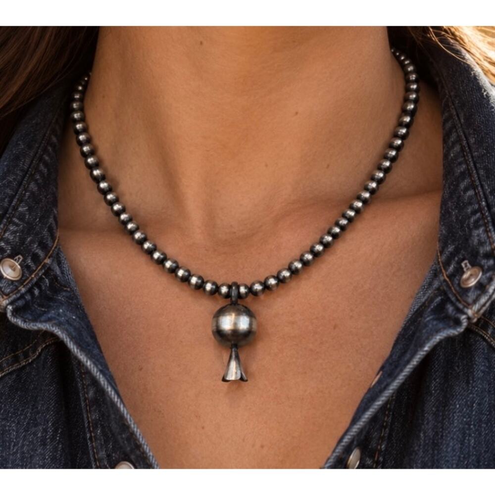 14mm Sterling Silver Squash Blossom Pendant on a 16" 4mm Pearl Bead Necklace